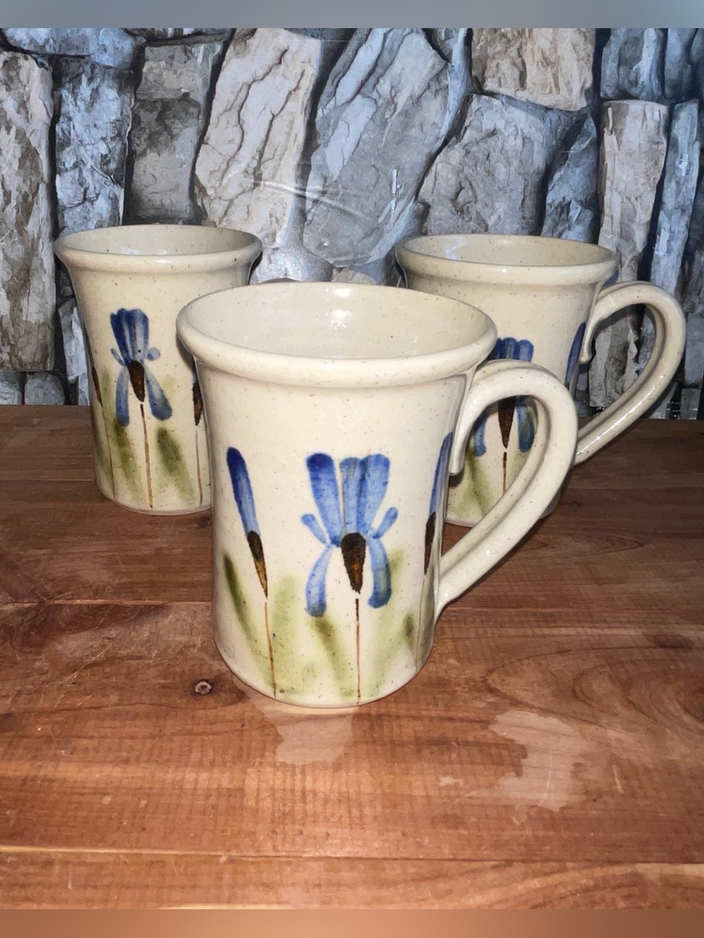 3 Coffee Mugs Stoneware Blue Floral Mug Hand-Painted Ceramic Signed Studio Art